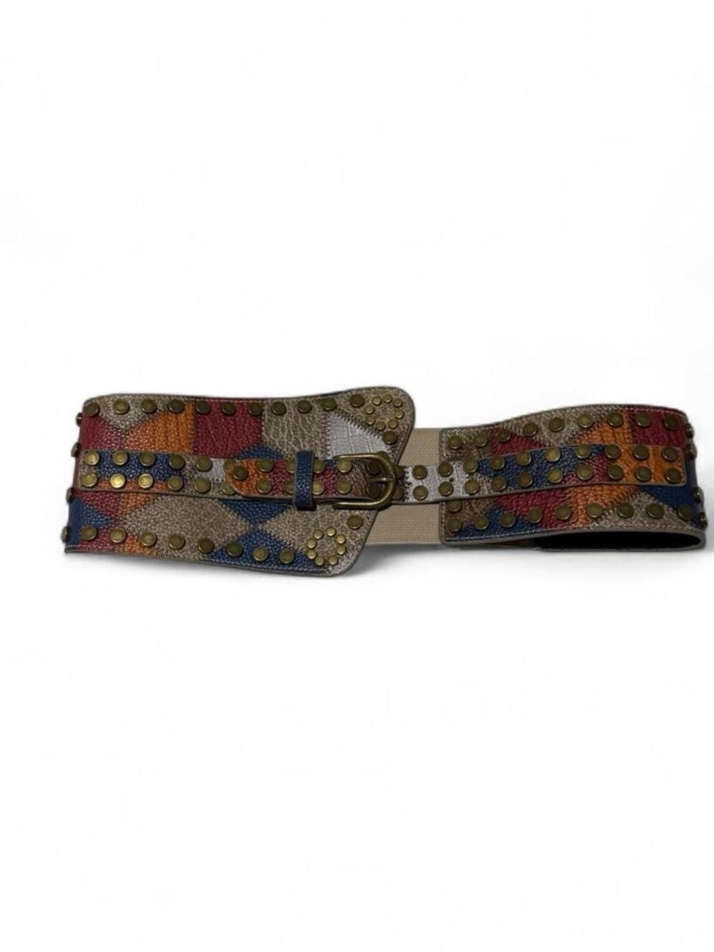Multicolor Studded Elastic Waist Belt with Brass Buckle